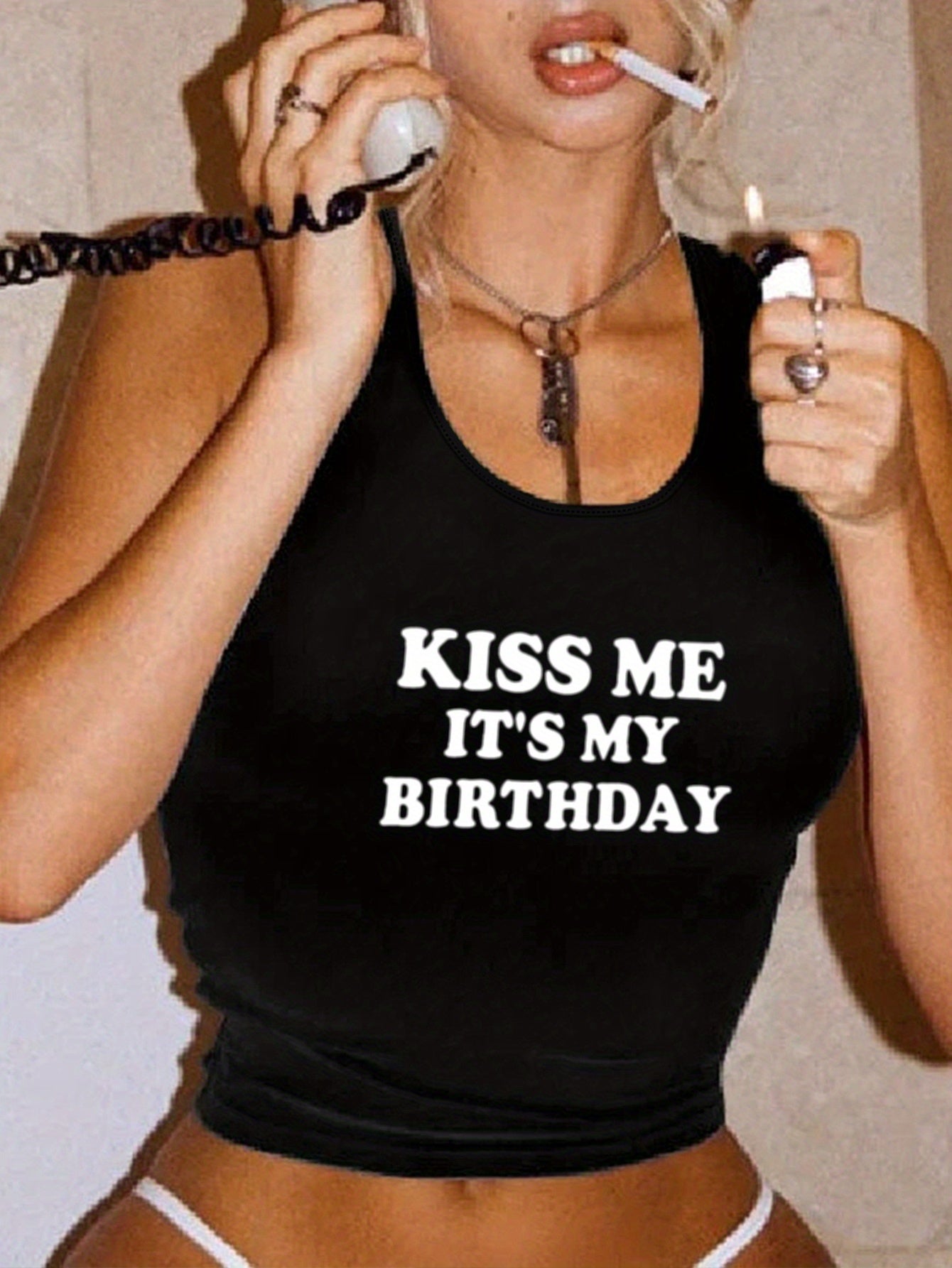 Kiss Me It's My Birthday" Women's Y2K Crop Tank Top - Black with White Letter Print, Casual Sleeveless Summer Top, Stretchy Polyester Blend, Machine Washable